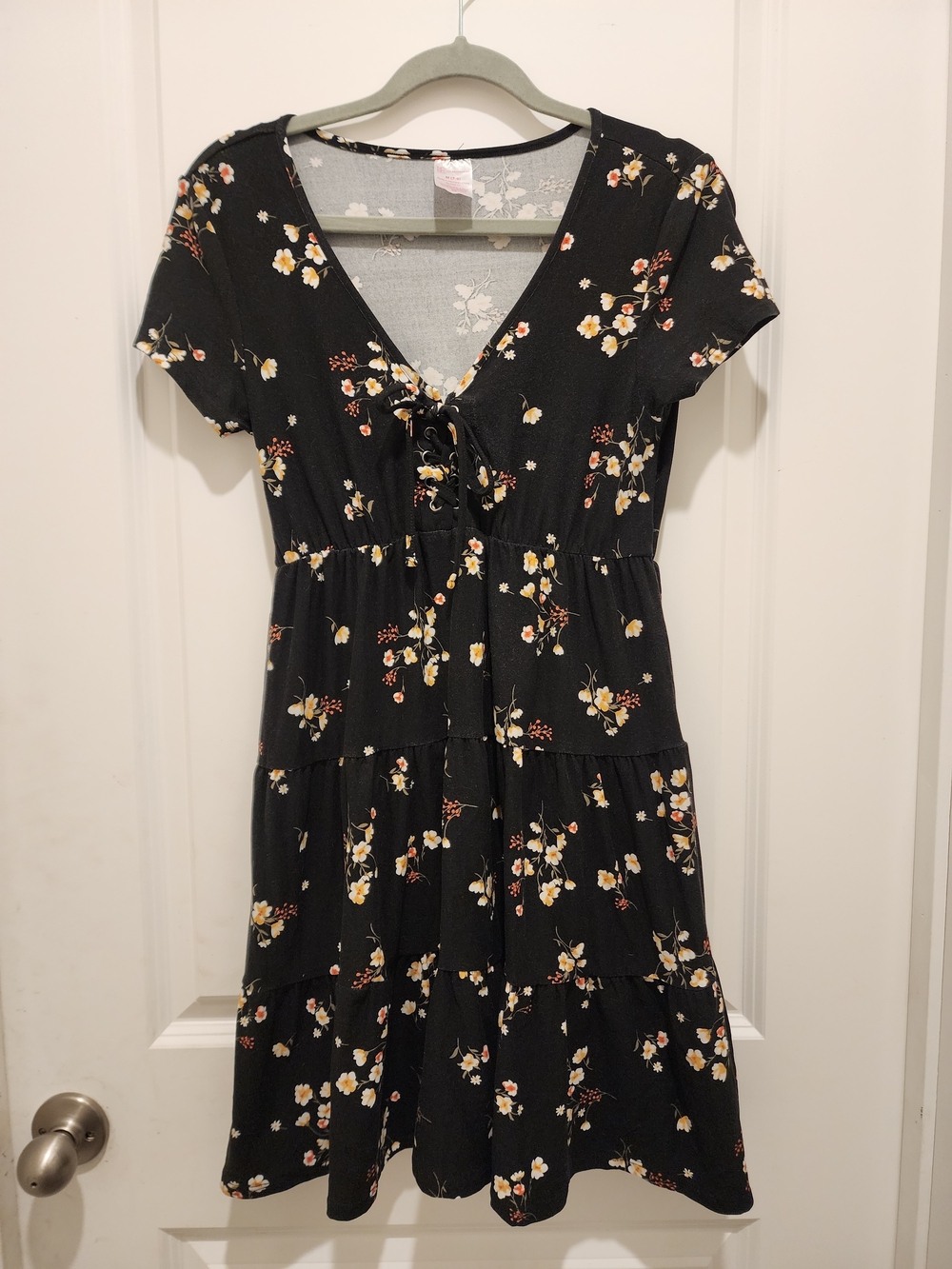 No Boundaries Black Floral Lace-Up V-Neck Mini Dress